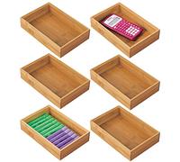 mDesign Juego de 6 cajas organizadoras para escritorio y lavabo - Caja rectangular de bambú - Organizador de madera para artículos de oficina y manualidades - color natural