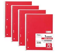 Mead Cuadernos en espiral, 1 sujeto, papel a rayas anchas, 70 hojas, 10-1/2 x 7-1/2 pulgadas, rojo, paquete de 4 (38112)