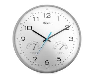 MEBUS analoge Quarz Wanduhr mit Thermometer und Hygrometer, Farbe: Grau/Weiß, Modell: 16182