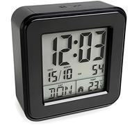 MEBUS digital radio alarm clock with thermometer, compact design, and calendar feature in black; ideal as a smart alarm clock with LED display and battery operation.