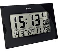 MEBUS Funkwanduhr, Funk-Tisch-Uhr, zwei Weckzeiten mit Weckwiederholung, Innenthermometer, Kalender, Zeitzonen-Einstellung, Mondphase, Farbe: Schwarz, Modell: 46732