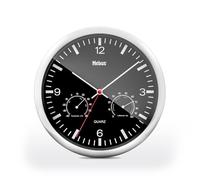 MEBUS Quarz-Wanduhr mit Thermometer und Hygrometer/silberner Rahmen/Schwarzes Zifferblatt / 25cm Durchmesser/Rund/Modell: 56731 / Farbe: Silber, Schwarz