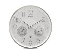 Mebus Reloj de Pared inalámbrico con termómetro e higrómetro silencioso Marco Plateado Blanco Modelo 12989 - Precisión y Comodidad