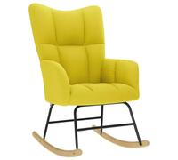 Mecedora amarilla clara en tela de poliéster, estructura de madera y metal, | Asiento acolchado, reposabrazos cómodos, balanceo regular, uso salón o comedor, diseño cálido