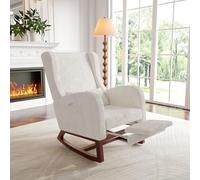 Mecedora para relajarse, sillón balancín, silla de lactancia, silla basculante con lana de oveja y cojín lumbar y 2 bolsillos laterales,cómoda de lectura para salón o dormitorio (Arroz Blanco)