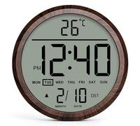 Mee 2ou Reloj de pared digital redondo de 8 pulgadas, funciona con pilas, fecha, calendario, temperatura, DST, 12/24 horas, alarma, reloj atómico moderno de números grandes para dormitorio, sala de