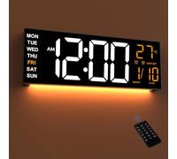 Mee 2ou Reloj Digital Pared Grande 16.5" con Luz Nocturna, Auto Dimming, 2 Alarmas, 8 Colores RGB, Temperatura, Control Remoto, 12/24H, para Escritorio y Pared