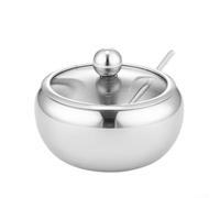 MeevrgR Azucarero de acero inoxidable con tapa y cuchara, recipiente de especias extra grande de 450 ml para sal y café, mentas, tapa de vidrio transparente, tarro de almacenamiento apto para