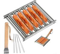 MeevrgR Juego de parrilla de rodillo de acero inoxidable con mango de madera, cocina 5 francos uniformemente, incluye 4 pinchos, herramienta portátil para barbacoa para acampar y fiestas