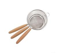 MeevrgR Juego de tamices de cocina con asas de madera, paquete de 3 coladores de acero inoxidable para hornear y filtrar, colador de malla fina para jugo de harina y leche de soja