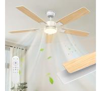 Mefine 2 Colores Aspas Reversibles Ventilador de Techo con Luz Silencioso | 132cm, 5 aspas blanco/madera clara, LED regulable, mando y motor DC reversible para salón, dormitorio y terraza cubierta