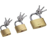 Meister 9515300 - Candado de 3 piezas, 25 mm, 30 mm y 40 mm, cuerpo de cierre uniforme de latón, percha de acero con 3 llaves, candado y candado