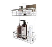 MEJORADA Estantes doble plantas almacenamiento de Acero inoxidable montados en pared para baño y cocina - Organizador de instalación rápida con gancho autoadhesivo sin taladro para champú, jabón,