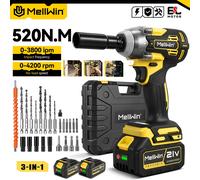 MELLWIN Taladro Eléctrico Multifunción Sin Escobillas 520N·m, Juego 3 en 1 con Llave de Impacto y Atornillador, Herramienta Eléctrica Compatible con Batería Makita de 18V 2XBattery Set-A