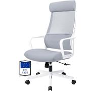 MELOKEA Silla de Oficina Ergonómica, Silla de Escritorio de Malla, Gris | Reposacabezas Ajustable, Asiento Mullido y Confortable, Soporte Lumbar Ergonómico, Función de Balancín, Certificada EN 1335