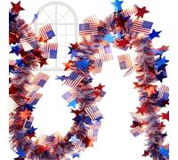 Memorial Day Garland - 33ft Lighted Red White Blue for Indoor Outdoor Use | 4th of July Party Banner with Stars Patriotic, Decoration for Stair Railing Mantel Fireplace Bar Celebration Decor, 1 to 3cm