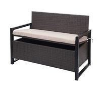 Mendler Banco de 2 plazas HWC-F39 de polirratán, banco de jardín, baúl, compartimento de almacenamiento, cojín de almacenamiento, color gris, cojín beige
