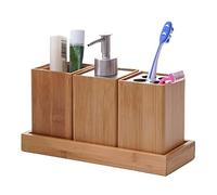 Mendler Juego de 4 piezas de baño HWC-B85 de bambú | Set de baño, accesorios de baño, dispensador de jabón, soporte para cepillo de dientes