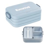 Mepal Lonchera con nombre para llevar, lonchera Bento personalizable, apta para hasta 4 sándwiches, compartimento Bento y tenedor, sin BPA y apta para lavavajillas, 900 ml, midi, azul nórdico