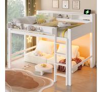 Merax Cama alta de madera de 140 x 200 cm con estantes, iluminación LED y puerto USB, cuna blanca con barandilla segura y espacio de almacenamiento para habitación infantil