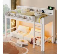 Merax Cama alta de madera de 90 x 200 cm con estantes, iluminación LED y puerto USB, cuna blanca con barandilla segura y espacio de almacenamiento para habitación infantil