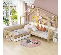 Merax Cama de casa con cajones y estantes, Cama Infantil de 90 x 200 cm y 140 x 70 cm, Madera Maciza con Valla y somier, Estructura en L, para 2 niños, Cama Doble, Color Natural