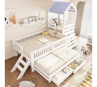 Merax Cama infantil de 90 x 200 cm con cama nido de 90 x 190 cm, cama alta con bloque de cajones de 4 niveles, escalera lateral y techo de tela, litera de madera maciza