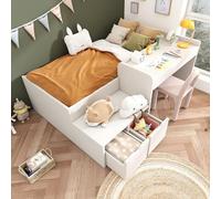 Merax Cama infantil de 90 x 200 cm, madera maciza individual con escritorio, cajones y espacio de almacenamiento, cama juvenil con somier, cama multifuncional para niños y niñas, color blanco