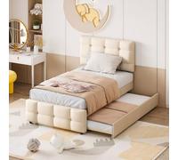 Merax Cama tapizada de 90 x 200 cm con cama nido, cama infantil con cabecero ajustable, cama individual de tela de lino agradable al tacto, cama juvenil con somier, cama de invitados para niños y