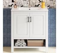Merax Lavabo independiente, completamente lacado, armario de doble puerta, espacio de almacenamiento en diferentes tamaños, lavabo de cerámica integrado, estantes abiertos, blanco, 76,5 x 47 x 83 cm