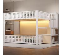 Merax Litera blanca de 140 x 200 cm, con escalera de almacenamiento, iluminación LED, cama de hierro para niños y adolescentes, cama alta con rejillas de protección