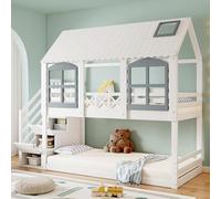 Merax Litera de 90 x 200 cm, cama alta para 2 niños, cama de árbol con protección anticaída y somier, cama con techo y ventana, ahorra espacio con escalera de almacenamiento, cama juvenil, color