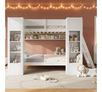 Merax Litera de 90 x 200 cm, color blanco, cama infantil con 2 plazas, 2 armarios frontales y estante colgante, cama alta para niños con espacio de almacenamiento, escalera de montaje a izquierda o
