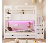 Merax Litera infantil de 90 x 200 cm, cama de madera con escalera de almacenamiento, 2 cajones, estantería flexible y pizarra, cuna con rejilla de seguridad y somier, cama alta para niños y niñas