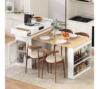 Merax Mesa de bar extensible con espacio de almacenamiento, isla de cocina moderna con ruedas, enchufe, cristal ranurado, 2 cajones, estantes abiertos, estantes ajustables, aparador para cocina