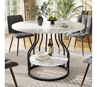 Merax Mesa de comedor redonda 80×80×76cm, para 2 personas, estructura metálica, superficie fija, patas ajustables, tablero de MDF con diseño de mármol, para restaurante, salón, cocina, comedor, Blanco