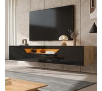 Merax Mueble bajo para TV, alto brillo con LED, mueble de TV con puerta plegable, soporte de TV para televisores de 75 pulgadas, estantería de pared de 180 cm para salón, comedor, color negro y madera