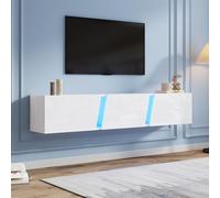 Merax Mueble bajo para TV, color blanco brillante con iluminación LED, mueble de TV con puerta plegable, soporte para TV de 75 pulgadas, estante de TV montado en la pared, 180 cm, para salón