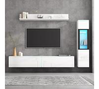 Merax Mueble de pared para TV LED, mueble de pared de alto brillo con luces LED, moderno mueble expositor y estante colgante, mueble de salón con mecanismo de empuje para abrir, color blanco