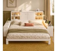 Merax Sofá cama extensible 90/180 × 200 cm, cama de día con LED y base de carga, cama juvenil con puertas dobles, espacio de almacenamiento, cama con somieres, cama de madera, cama doble, cama