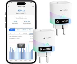 Meross Enchufe Inteligente Matter con Consumo de Energía, 16A Enchufe Inteligente Mide Producción de Paneles Solares Fotovoltaicos, Soporte para Apple Home, y Google Home, Control Remoto y Voz, 2PC