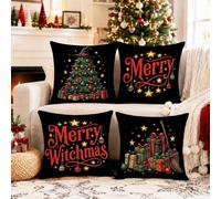Merry Witchmas - Juego de 4 fundas de almohada de árbol de Navidad de 22 x | Fundas de cojín, tipografía festiva, patrones de caja de regalo, detalles decorativos de sofá