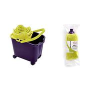 Mery 0336.11 Fregona | Ecológico | Escurre Sin Esfuerzo | Cubo Escurridor Automático | con Ruedas | Capacidad De 14 litros, Polipropileno, Acero + 0440.01 Fregona Microfibras, Color Lima Y Morado