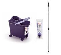 Mery Set Cubo con Fregona y Palo, Cubo Escurridor con Ruedas Morado y Lila, 14 L, Fregona Microfibra Super Absorbente, Rosca Universal, Palo Telescópico de Acero Plastificado, 80x140 cm
