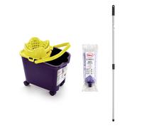Mery Set Cubo con Fregona y Palo, Cubo Escurridor Automático con Ruedas Morado y Lima, 14 L, Fregona Microfibra Super Absorbente, Rosca Universal, Palo Telescópico de Acero Plastificado, 80-140 cm