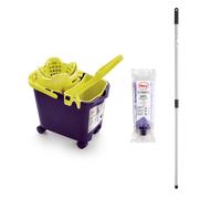 Mery Set Cubo con Fregona y Palo, Cubo Escurridor automático con Ruedas y Cubeta Multiusos Morado y Lima, 14 L, Fregona Microfibra Absorbente, Rosca Universal, Palo Telescópico de Acero Plastificado