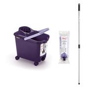 Mery Set Cubo con Fregona y Palo, Cubo Escurridor con Ruedas Morado y Lila, 14 L, Fregona Microfibra Super Absorbente, Rosca Universal, Palo Telescópico de Acero Plastificado, 80x140 cm