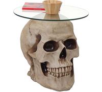 Mesa auxiliar con motivo de calavera, modelo HWC-A19, mesa de cristal para sala de estar, mesa de centro con diseño de cráneo, resina sintética, forma redonda, diámetro 55 cm, color natural