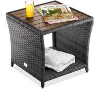 CASARIA® Mesa Auxiliar Jardín 45x45x40cm Poliratán Tablero Madera Acacia Mesa Exterior Balcón Carga 80kg Resistente Intemperie Gris
