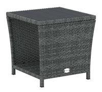 Mesa auxiliar de ratán PE de dos niveles con estante de almacenamiento Outsunny, mesa de café cuadrada para exteriores con tablero de listones de madera PS, resistente a los rayos UV para patio,